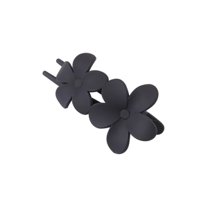Close-up of matte dark gray floral hair claw clip with double flower design for women