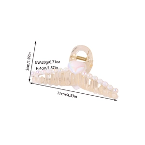 Pince à cheveux marron translucide avec perles blanches et décor de cœur, 11 cm