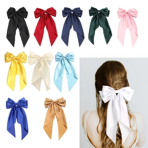 Women Large Satin Bow Hair Clip Elegant Solid Color Long Streamer Spring Clip Hairpin Headwear For Daily Party Decoration