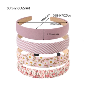 Set of four stylish floral and checkered hairbands in light pink tones on white background