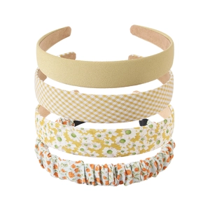 Set of 4 yellow floral and plaid fabric headbands for women with a fresh Korean style look