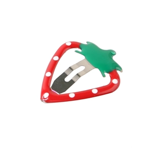 Cute strawberry-shaped metal hair clip with red and green enamel and white polka dots