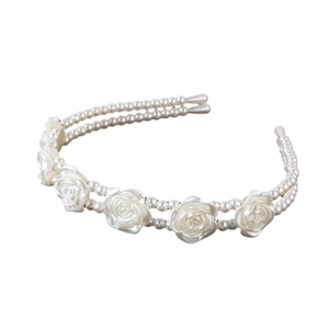 Elegant double-layered pearl headband featuring five white resin roses in retro French style