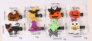 Detailed dimensions and weight chart for Halloween glitter pumpkin and ghost hair clips