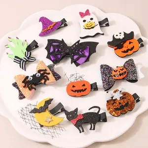 Set of 11 Halloween hair clips with pumpkin ghost and bat designs for festive hair styling