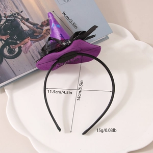 Detail of purple witch hat headband with blue star patterns and mesh for Halloween