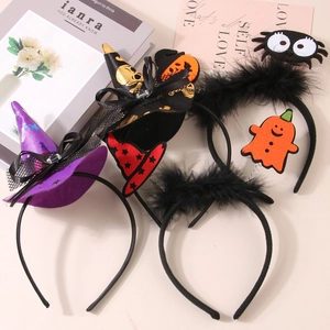 Halloween headband set with purple witch hats, orange pumpkins and black feathers