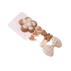 Coffret de barrettes à cheveux avec fleur tricotée, ours et nœud à carreaux marron