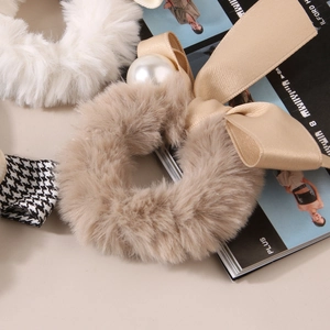 Plush houndstooth hair scrunchies with faux pearl and satin bow for women ponytail