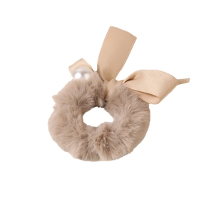 Plush faux fur hair scrunchie with satin bow and pearl detail for women hairstyles