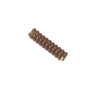 Brown spiral telephone wire hair tie with golden metal caps on a clean white background