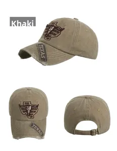 Detailed close-up of khaki vintage washed baseball cap with bull embroidery and metal buckle