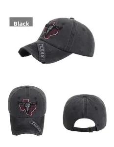 Multiple views of black washed cotton baseball cap with TEXAS bull embroidery and adjustable strap