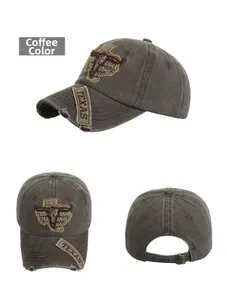 Detailed views of vintage brown Texas baseball cap with bull embroidery and distressed brim
