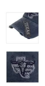 Close-up of distressed denim baseball cap featuring TEXAS patch and longhorn embroidery