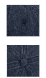 Detail of navy blue corduroy baseball cap showing reinforced eyelets and top button stitching