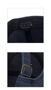 Detail of 100% cotton wash label and adjustable brass buckle on navy baseball cap