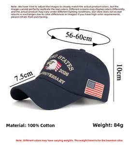 Detail view of navy blue baseball cap showing eagle embroidery and size specifications