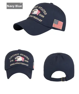 Detail of adjustable metal buckle and navy blue embroidery on 250th anniversary cap