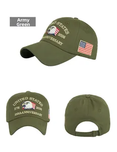 Detail view of Army Green baseball cap with US flag embroidery and metal buckle closure
