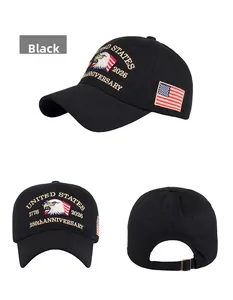 Three-angle views of a black baseball cap featuring 250th anniversary eagle embroidery