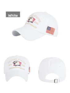 Detailed views of white 3D eagle embroidery baseball cap with 250th anniversary flag patches