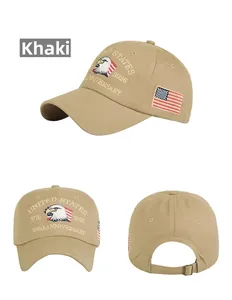 Close-up of khaki 250th anniversary baseball cap with eagle embroidery and flag patch
