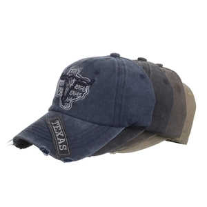 Classic American retro washed Texas baseball cap with embroidered bull head logo