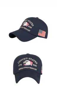Detail of US 250th Anniversary navy baseball cap with bald eagle embroidery