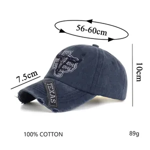 Classic American TEXAS vintage washed cotton baseball cap with bull embroidery in blue grey