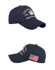 Detailed embroidery of US eagle and 250th anniversary flag on navy cotton baseball cap