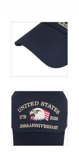 Detailed embroidery of American eagle and 250th anniversary text on navy cotton baseball cap