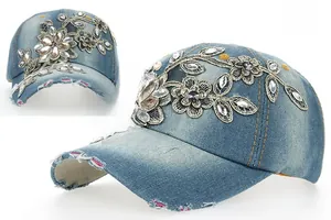 Detailed embroidery with sparkling rhinestones on washed denim women's baseball cap
