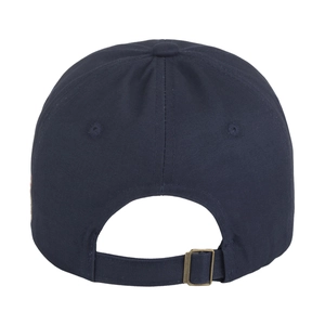 Adjustable dark blue baseball cap with cotton twill fabric and bronze metal buckle