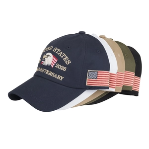 Stack of 3D embroidered baseball caps with eagle and American flag in five colors
