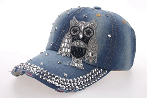 Light blue denim baseball cap with owl rhinestone design and metallic studs