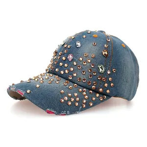 Casquette de Baseball en Jean avec Strass de Luxe pour Femmes en Coton Usé Réglable Chapeau de Soleil à la Mode Chapeau à Bijoux Scintillant