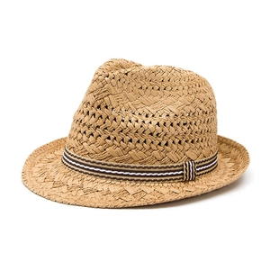 Close-up of the fine straw weave texture and striped ribbon on the fedora hat