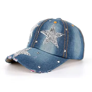 Casquette de Baseball en Denim Vintage Usé pour Femmes Avec Étoile en Strass et Rivets Chapeau de Soleil Lavé Casquette Trucker Réglable