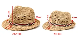 Size chart for adult and kids straw hats showing height and circumference details