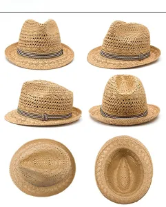 Detail view of breathable mesh woven straw hat with stylish tri-color striped ribbon