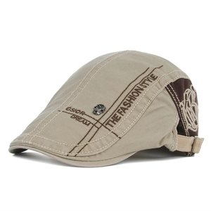 Vintage khaki letter embroidery flat cap with metal skull detail and adjustable strap