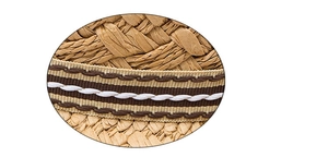 Detailed macro view of woven straw sun hat texture with brown striped ribbon trim