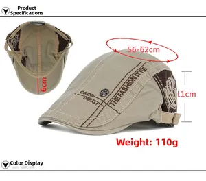Detail view of khaki canvas beret cap featuring metallic buckle and interior breathable lining