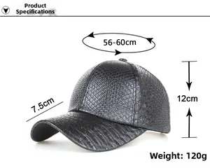 Detail of crocodile embossed baseball cap showing 56-60cm circumference and weight specs
