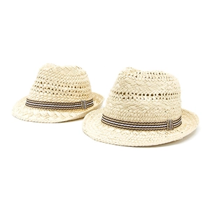 Matching parent-child Fedora straw hats with striped bands for summer beach sun protection