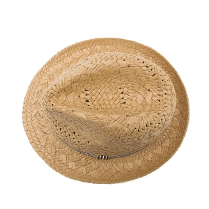 Classic British style woven straw Panama hat with striped brown ribbon for summer beach