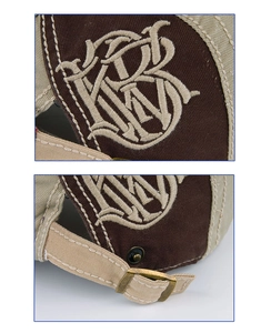 Detailed embroidery and adjustable metal buckle on a vintage patchwork baseball cap