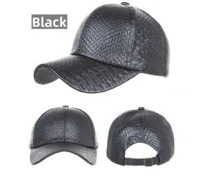 Detailed views of black crocodile-embossed PU leather baseball cap with metal buckle