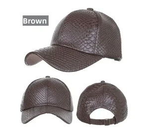 Detailed views of coffee-colored baseball cap featuring embossed crocodile texture and metal buckle
